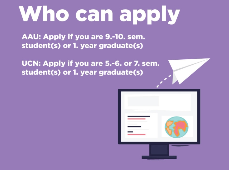 AAU: Apply if you are 9.-10. sem. student(s) or 1. year graduate(s)
UCN: Apply if you are 5.-6. or 7. sem. student(s) or 1. year graduate(s).